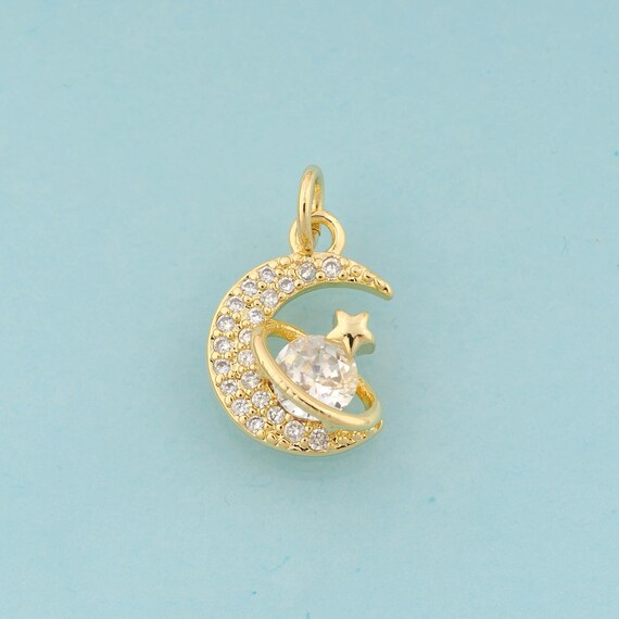 Gold CZ Saturn Charms,Star Jewelry,Moon Pendant for DIY Jewelry Making,18K Gold