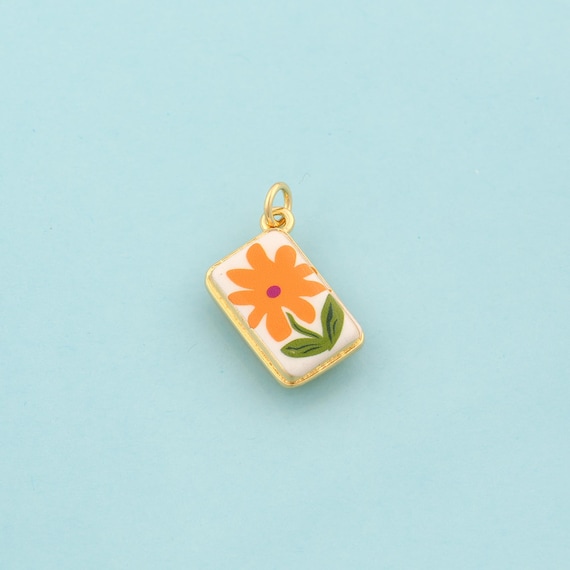 Gold Flower Charms,Square Jewelry,Enamel Flower Pendant for DIY Jewelry Making,18K Gold