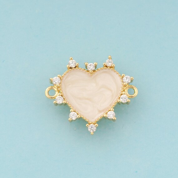 Gold CZ Heart Connector,Heart Jewelry Connector,Fritillary Heart Connector for DIY Jewelry Making,18K Gold