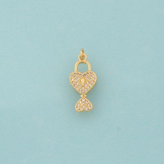 Gold CZ Lock Charms,Key Jewelry,Heart Pendant for DIY Jewelry Making,18K Gold