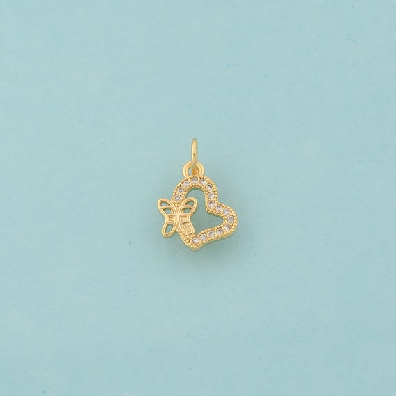 Gold CZ Heart Charms,Love Jewelry,Butterfly Pendant for DIY Jewelry Making,18K Gold