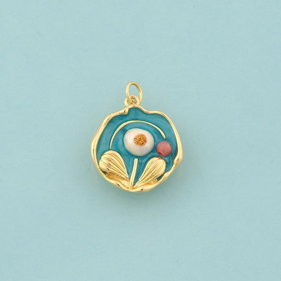 Gold Flower Charms,Round Jewelry,Enamel Flower Pendant for DIY Jewelry Making,18K Gold