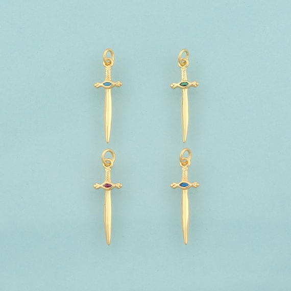 Gold CZ Weapon Charms,Sword Jewelry,Weapon Pendant for DIY Jewelry Making,18K Gold