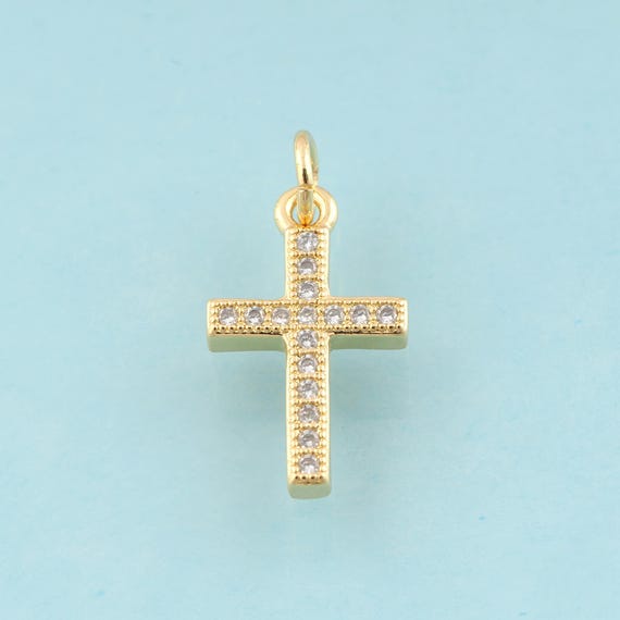 Gold CZ Cross Charms,Religious Jewelry,Christian Pendant for DIY Jewelry Making,18K Gold