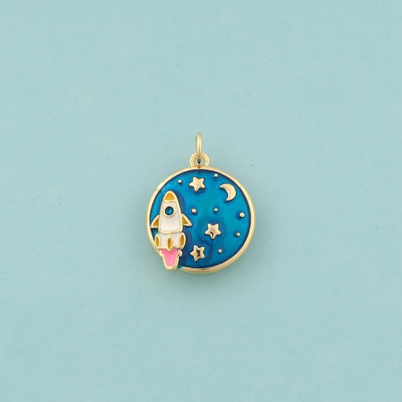 Gold Rocket Charms,Moon Jewelry,Enamel Star Pendant for DIY Jewelry Making,18K Gold