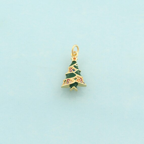 Gold CZ Christmas Tree Charms,Christmas Jewelry,Enamel Tree Pendant for DIY Jewelry Making,18K Gold