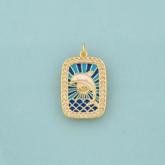 Gold Enamel Dolphin Charms,Animal Jewelry,CZ Dolphin Pendant for DIY Jewelry Making,18K Gold