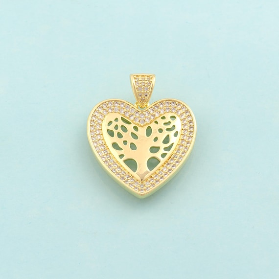 Gold CZ Heart Charms,Tree of Life Jewelry,Tree Pendant for DIY Jewelry Making,18K Gold