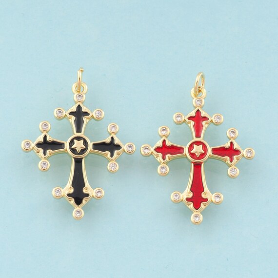 Gold CZ Cross Charms,Religious Jewelry,Enamel Christian Pendant for DIY Jewelry Making,18K Gold