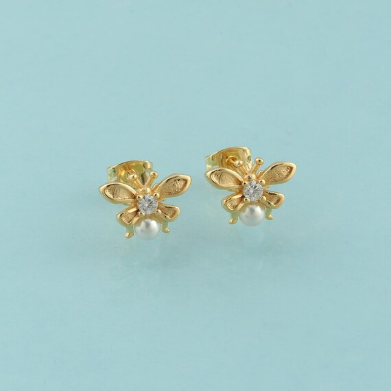 Gold CZ Bee Stud Earrings,Insect Jewelry Stud Earrings,Bee Stud Earrings,Gift for Her,18K Gold