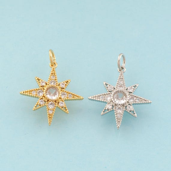 Gold CZ Polaris Charms,Star Jewelry,Celestial Pendant for DIY Jewelry Making,18K Gold & Rhodium