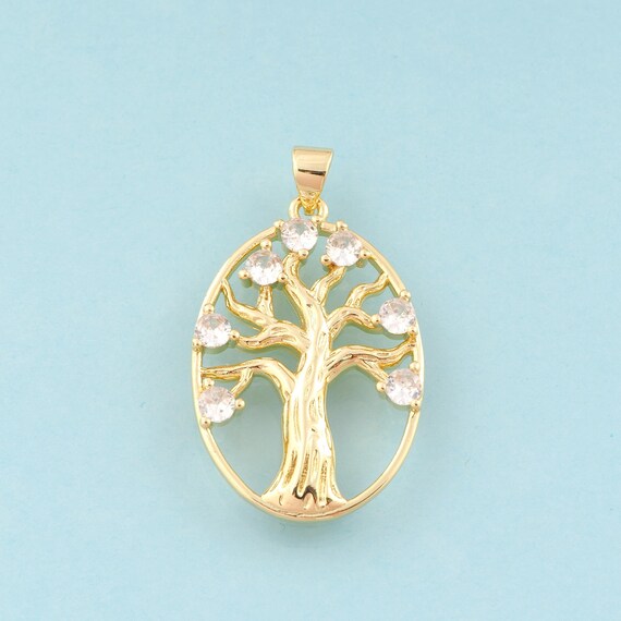 Gold CZ Tree of Life Charms,Oval Jewelry,Tree Pendant for DIY Jewelry Making,18K Gold