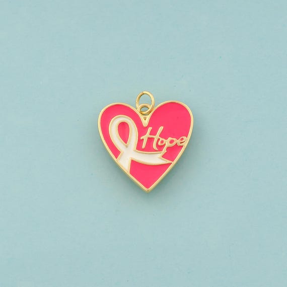 Gold Enamel Breast Cancer Awareness Silk Ribbon Charms,Symbol Jewelry,Heart Pendant for DIY Jewelry Making,18K Gold