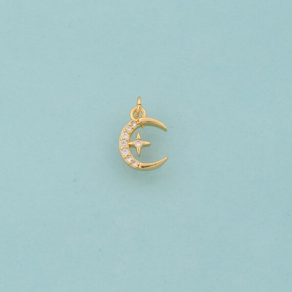 Gold CZ Moon Charms,Celestial Jewelry,Star Pendant for DIY Jewelry Making,18K Gold