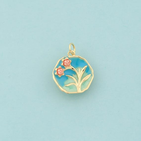 Gold Flower Charms,Round Jewelry,Enamel Flower Pendant for DIY Jewelry Making,18K Gold