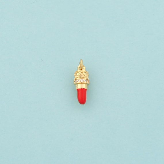 Gold CZ Lipstick Charms,Lipstick Jewelry,Enamel Lipstick Pendant for DIY Jewelry Making,18K Gold