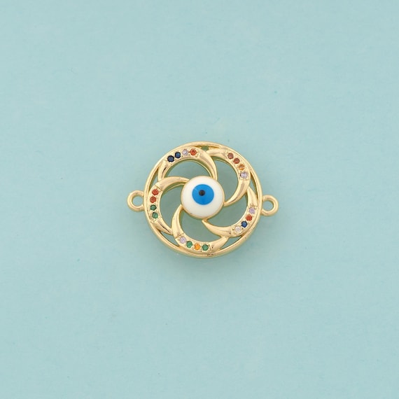 Gold CZ Evil Eye Connector,Enamel Devil Eye Jewelry Connector,Round Connector for DIY Jewelry Making,18K Gold