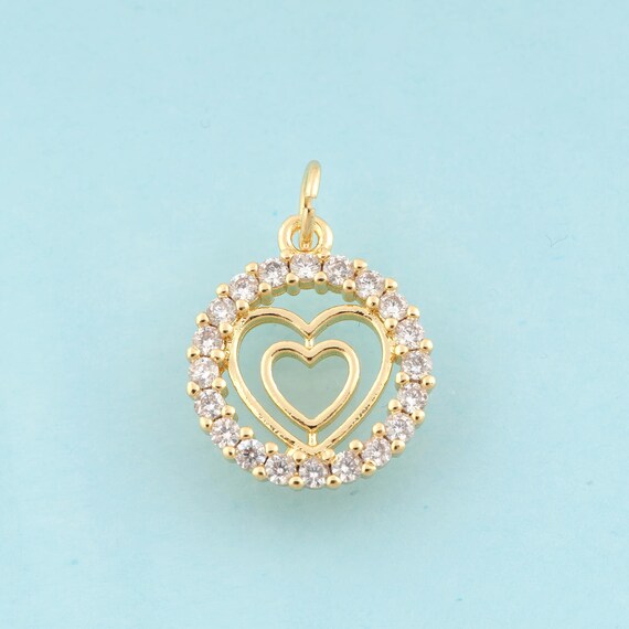 Gold CZ Heart Charms,Round Jewelry,Heart Pendant for DIY Jewelry Making,18K Gold