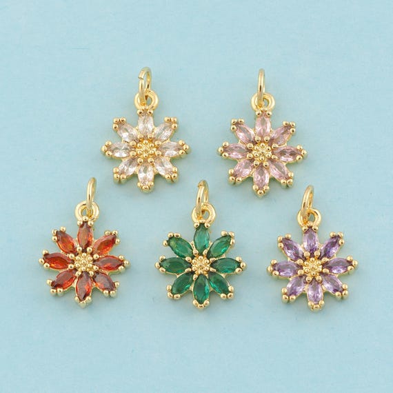 Gold CZ Flower Charms,Flower Jewelry,Flower Pendant for DIY Jewelry Making,18K Gold