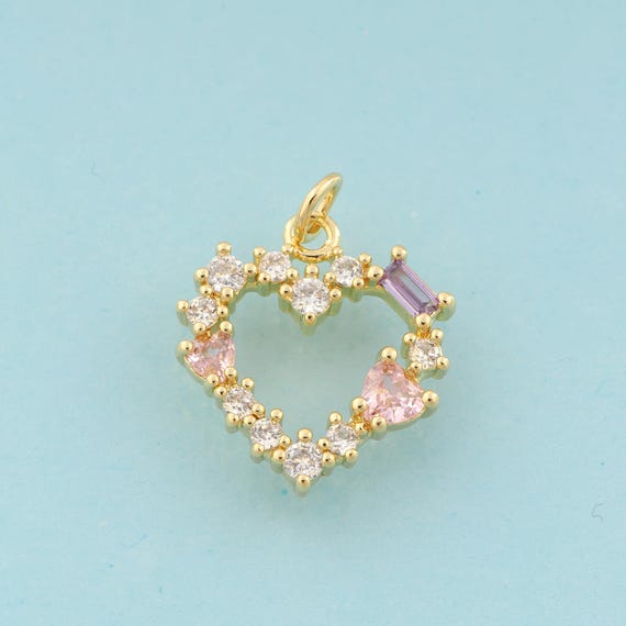 Gold CZ Heart Charms,Square Jewelry,Heart Pendant for DIY Jewelry Making,18K Gold