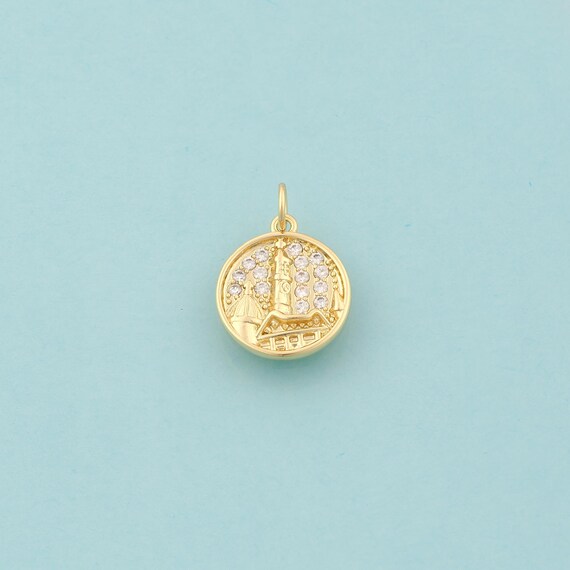 Gold CZ Round Charms,Architectural Jewelry,Round Pendant for DIY Jewelry Making,18K Gold