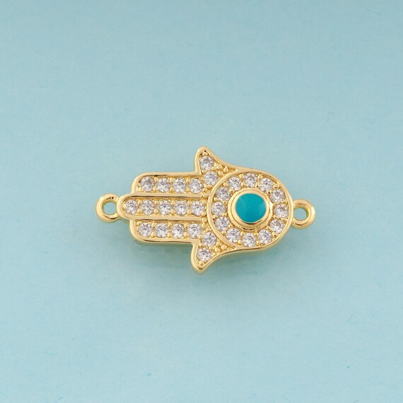 Gold CZ Hamsa Connector,Fatima Jewelry Connector,Evil Eye Connector for DIY Jewelry Making,18K Gold