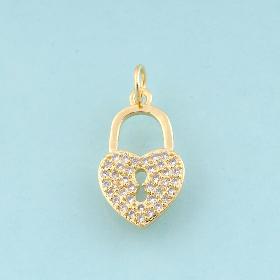 Gold CZ Heart Charms,Lock Jewelry,Heart Pendant for DIY Jewelry Making,18K Gold