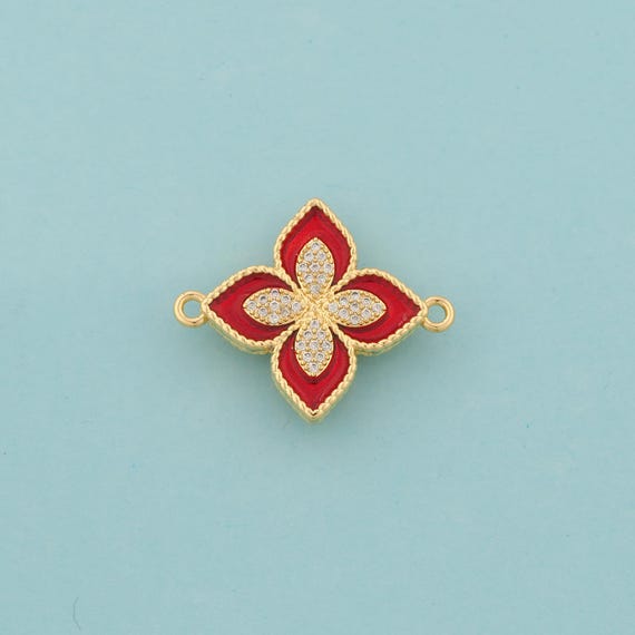 Gold CZ Lucky Grass Connector,Enamel Flower Jewelry Connector,Lucky Grass Connector for DIY Jewelry Making,18K Gold