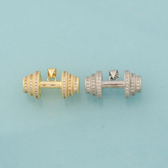 Gold CZ Barbell Charms,Sports Jewelry,Fitness Pendant for DIY Jewelry Making,18K Gold & Rhodium