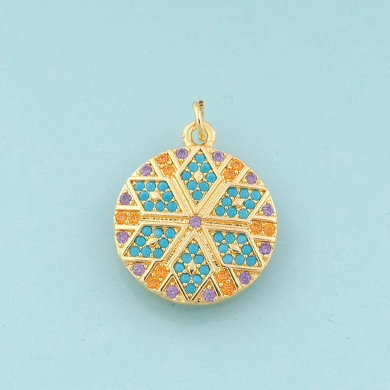 Gold CZ Flower Charms,Round Jewelry,Flower Pendant for DIY Jewelry Making,18K Gold