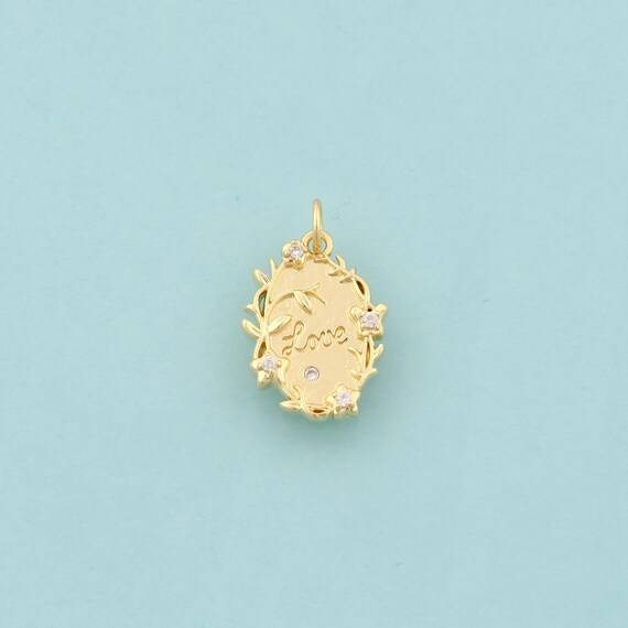 Gold CZ Flower Charms,Love Jewelry,Oval Pendant for DIY Jewelry Making,18K Gold