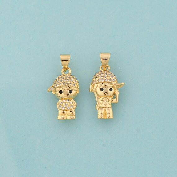 Gold CZ Character Charms,Boy Jewelry,Girl Pendant for DIY Jewelry Making,18K Gold