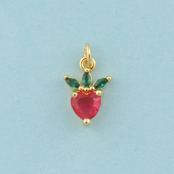 Gold CZ Strawberry Charms,Strawberry Jewelry,Fruit Pendant for DIY Jewelry Making,18K Gold