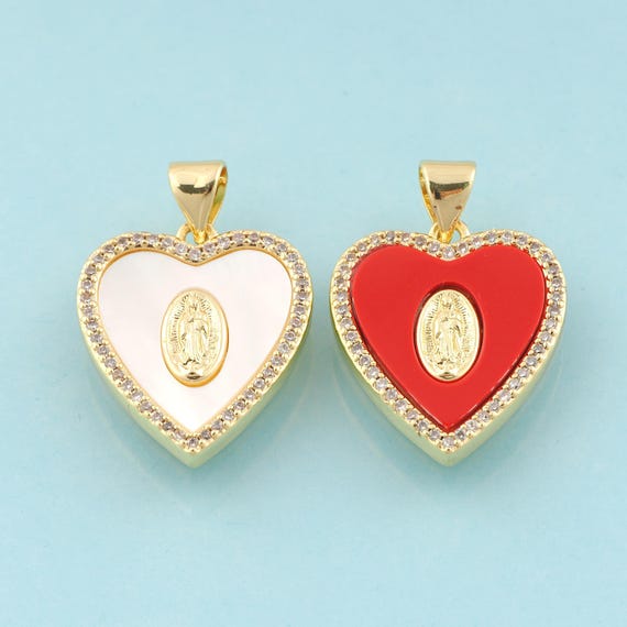 Gold CZ Virgin Mary Charms,Heart Jewelry,Enamel Catholic Pendant for DIY Jewelry Making,18K Gold