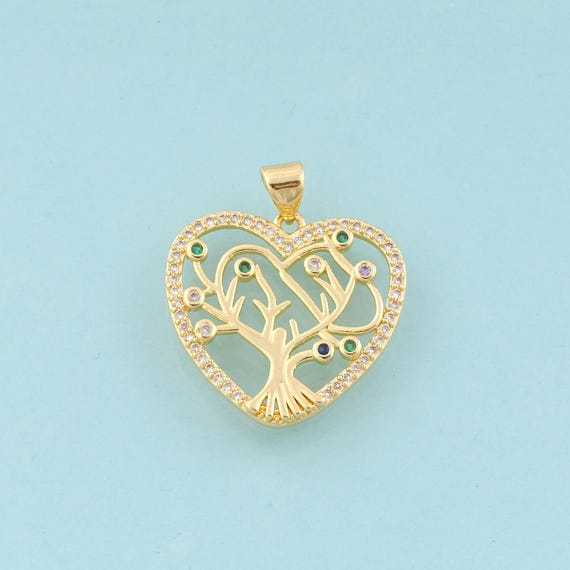 Gold CZ Tree of Life Charms,Heart Jewelry,Tree Pendant for DIY Jewelry Making,18K Gold