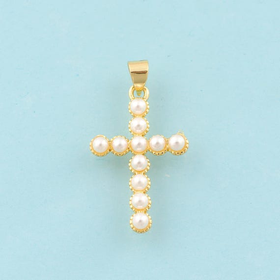 Gold Cross Charms,Religion Jewelry,Pearl Pendant for DIY Jewelry Making,18K Gold