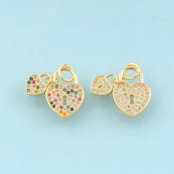 Gold CZ Heart Charms,Lock Jewelry,Lock Pendant for DIY Jewelry Making,18K Gold