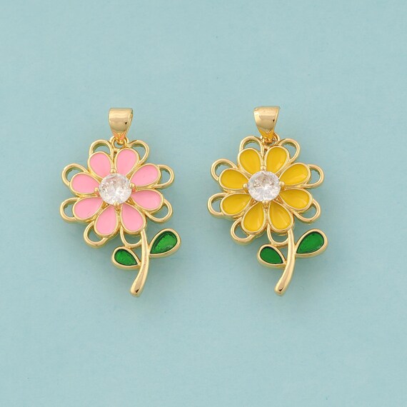 Gold CZ Flower Charms,Enamel Flower Jewelry,Flower Pendant for DIY Jewelry Making,18K Gold
