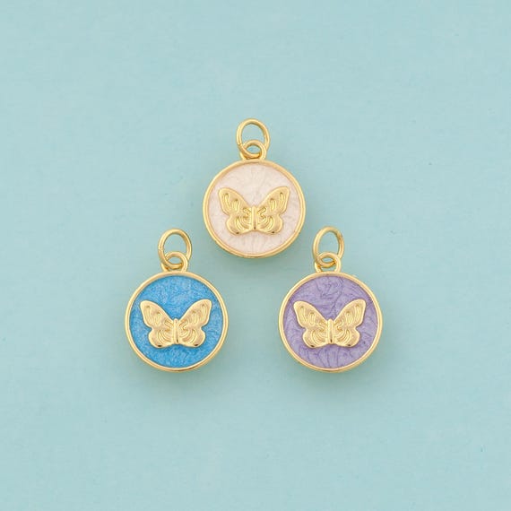 Gold Butterfly Charms,Insect Jewelry,Enamel Round Pendant for DIY Jewelry Making,18K Gold