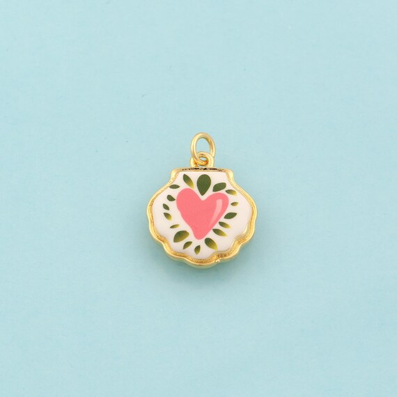 Gold Shell Charms,Heart Jewelry,Enamel Oyster Pendant for DIY Jewelry Making,18K Gold