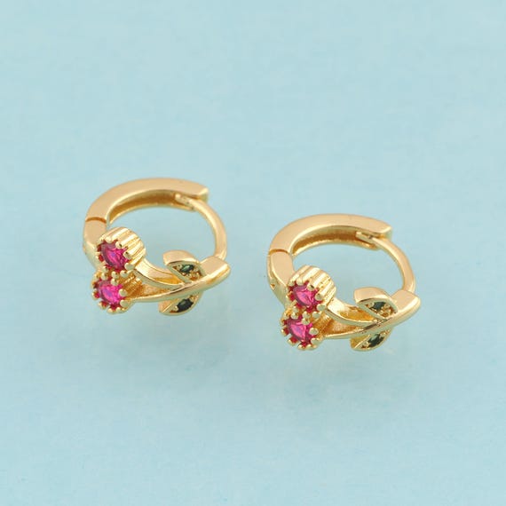 Gold CZ Cherry Earrings,Hugging Hoop Jewelry Earrings,Hoop Earrings,Gift for Her,18K Gold
