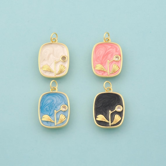 Gold CZ Flower Charms,Square Jewelry,Enamel Leaf Pendant for DIY Jewelry Making,18K Gold
