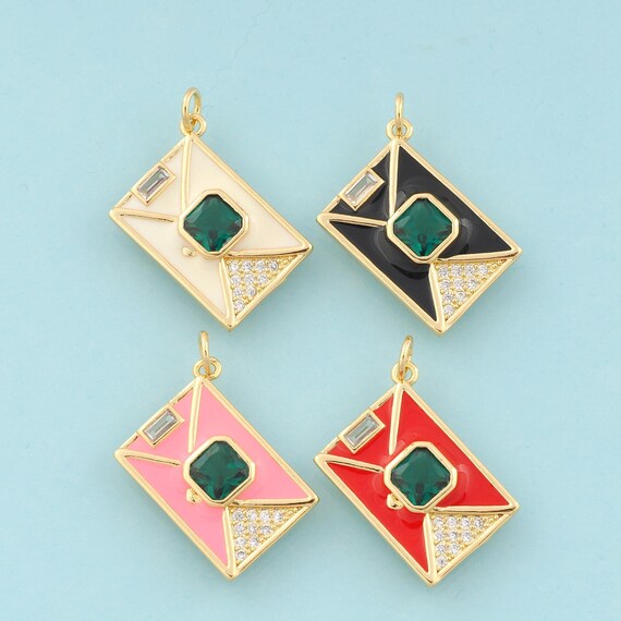 Gold CZ Envelope Charms,Square Jewelry,Enamel Envelope Pendant for DIY Jewelry Making,18K Gold