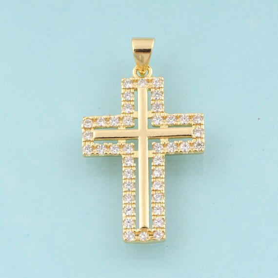 Gold CZ Cross Charms,Religious Jewelry,Christian Pendant for DIY Jewelry Making,18K Gold
