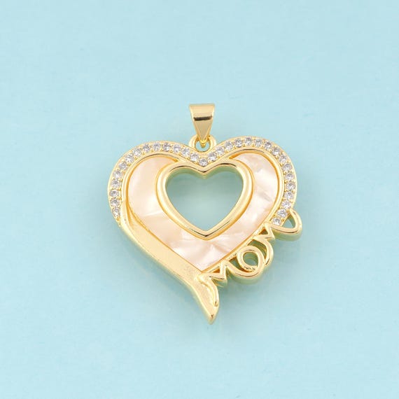 Gold CZ MOM Charms,Heart Jewelry,Fritillary Letter Pendant for DIY Jewelry Making,18K Gold