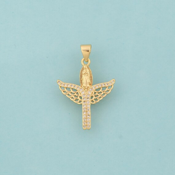 Gold CZ Cross Charms,Angel Wings Jewelry,Virgin Mary Pendant for DIY Jewelry Making,18K Gold