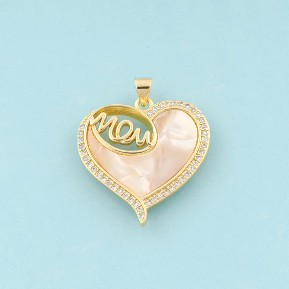 Gold CZ MOM Charms,Heart Jewelry,Letter Pendant for DIY Jewelry Making,18K Gold