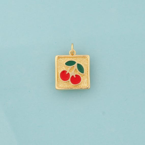 Gold Enamel Cherry Charms,Fruit Jewelry,Square Pendant for DIY Jewelry Making,18K Gold