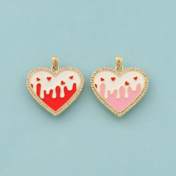 Gold CZ Heart Charms,Love Jewelry,Enamel Heart Pendant for DIY Jewelry Making,18K Gold