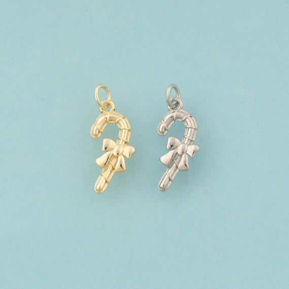 Gold Christmas Cane Charms,Bow Jewelry,Christmas Pendant for DIY Jewelry Making,18K Gold